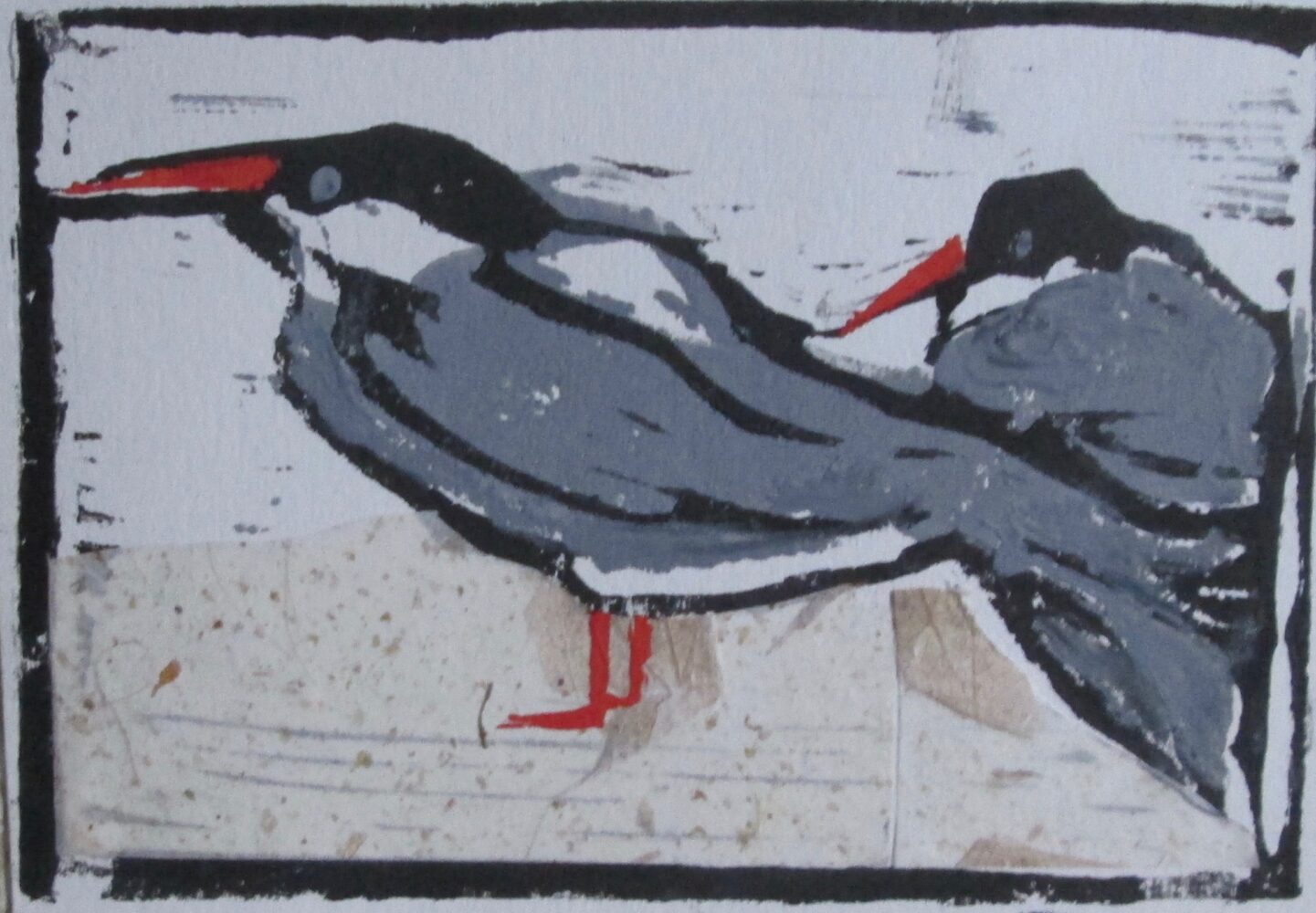 Arctic Terns by Susanne Lewis, Linoleum Cut Print with Collage