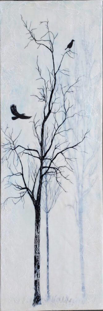 Winter Crows by Beth Johnston, Encaustic with India Ink _ Shellac