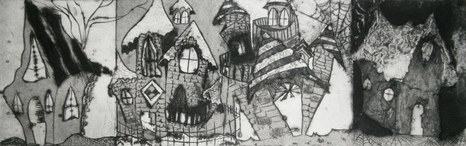 Caligari Village by Casey Weibust Collagraph