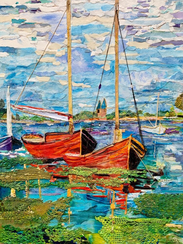 Anchored in Argenteuil by Ann Bianchi_1st Place Award – Acrylic, Fiber and Textile Collage