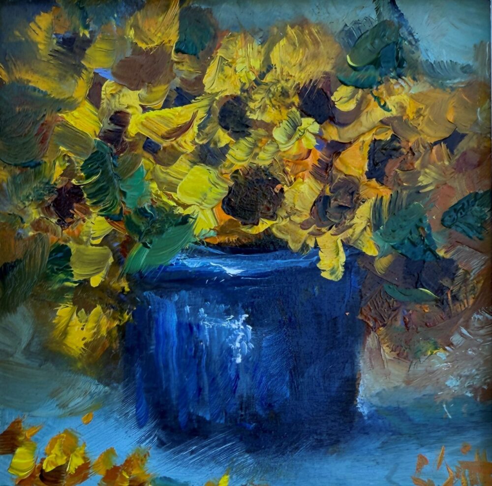 Sharon Smith "Sunflowers in Blue Pot" - SOLD