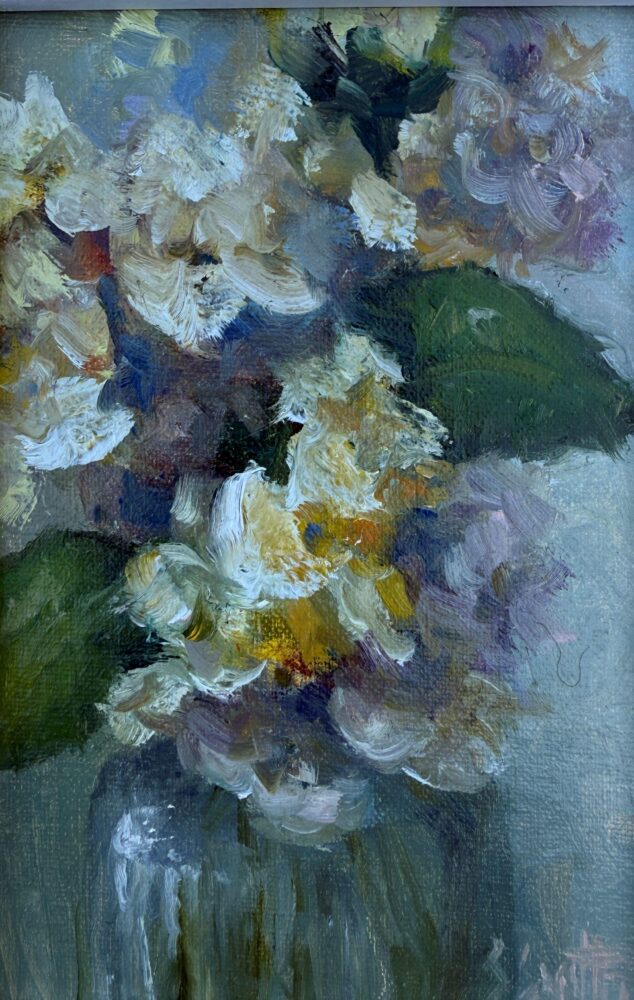 Sharon Smith "White Hydrangeas in Glass"