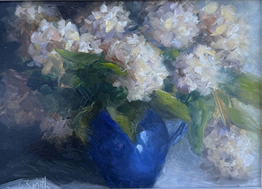Sharon Smith "White Hydrangeas in Blue Pitcher"