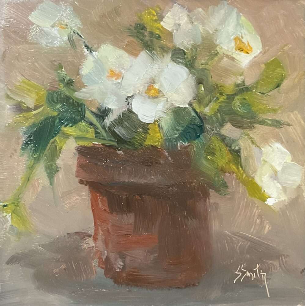 Sharon Smith "White Pansies in Clay" - SOLD